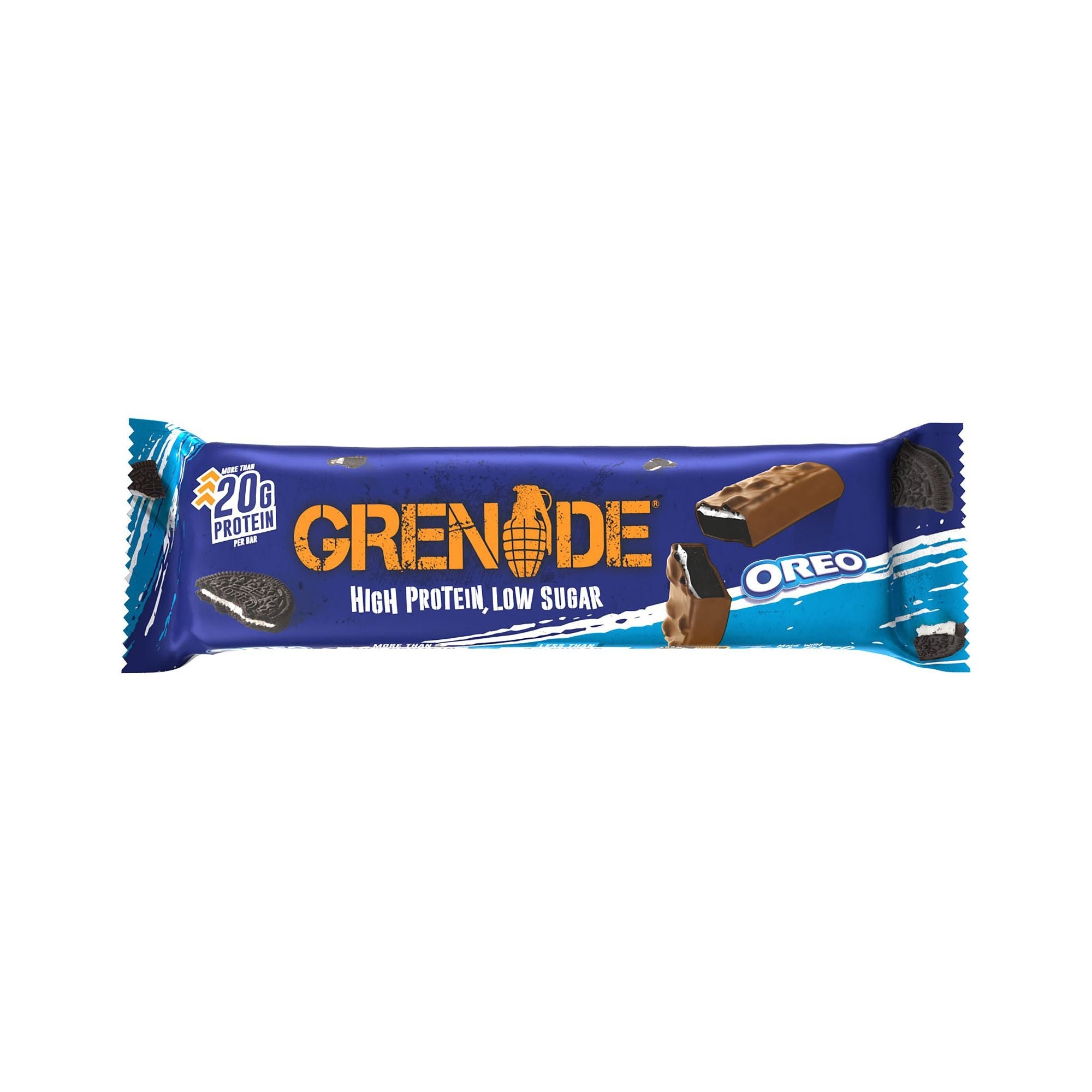 Grenade Oreo protein bar packaging on a white background