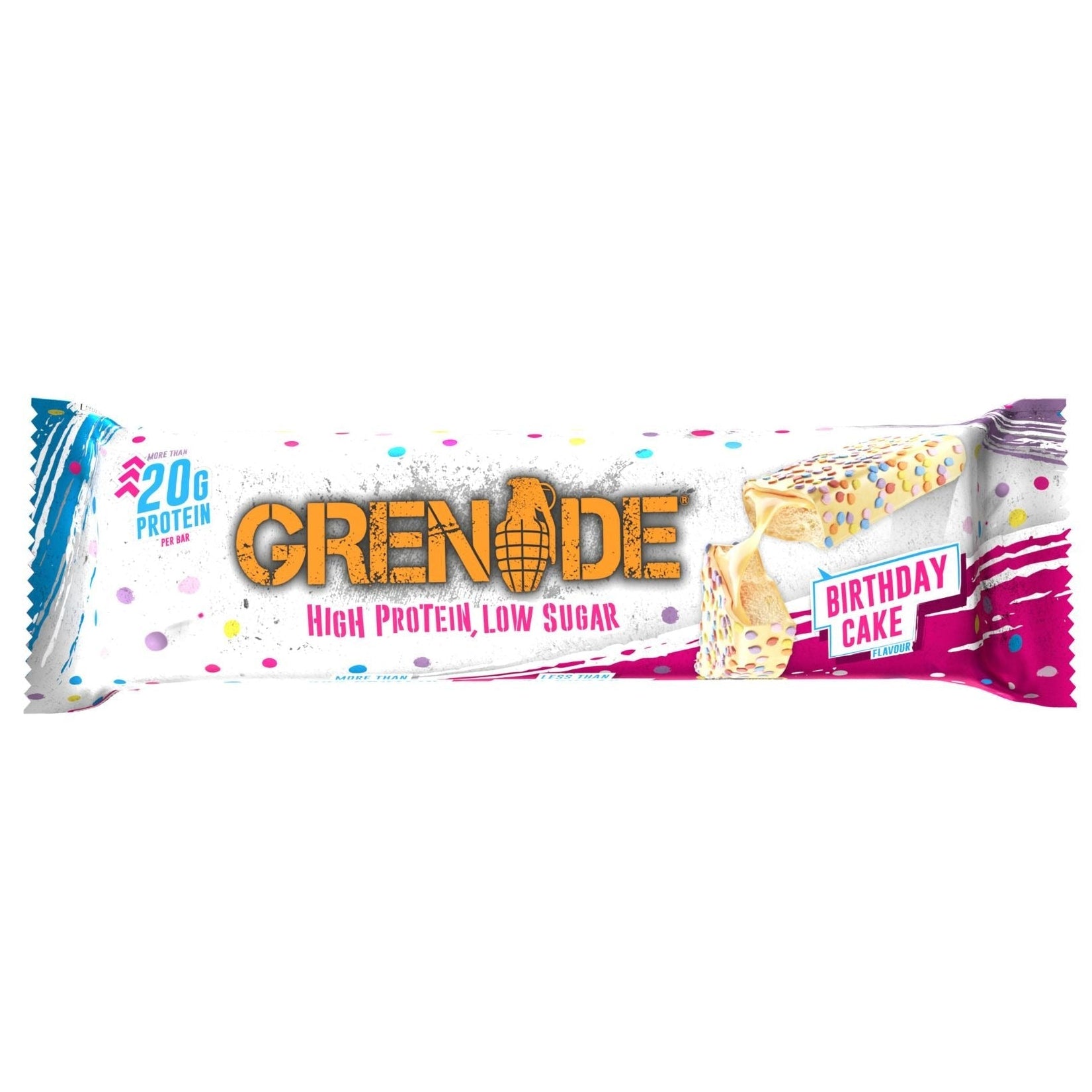 Grenade Birthday Cake protein bar on a white background