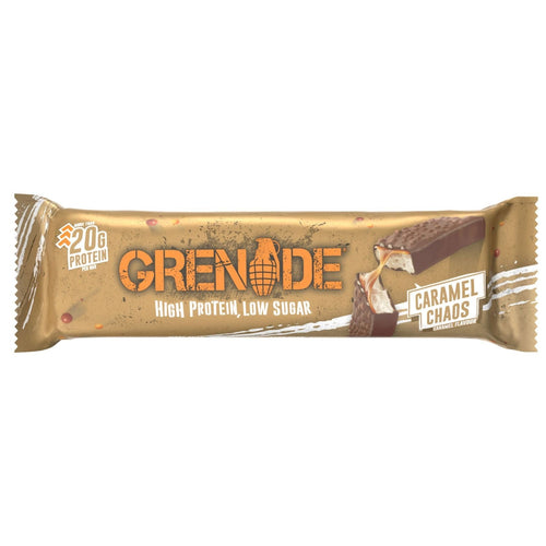 Grenade Caramel Chaos protein bar packaging on a white background