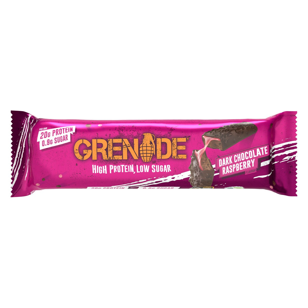 Grenade dark chocolate raspberry protein bar packaging on a white background