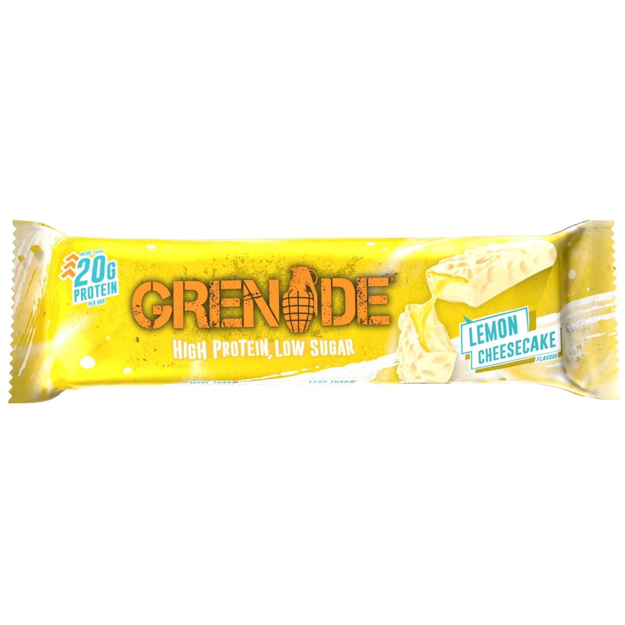 Grenade Lemon Cheesecake protein bar on a white background